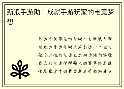 新浪手游助：成就手游玩家的电竞梦想